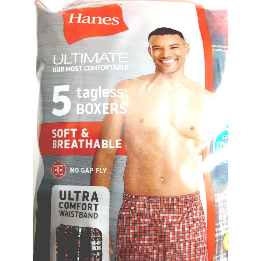 Hanes Boxers Tagless Sz 2X 44-46 Pack Of 5 No Gap Fly Breathable Soft Comfort